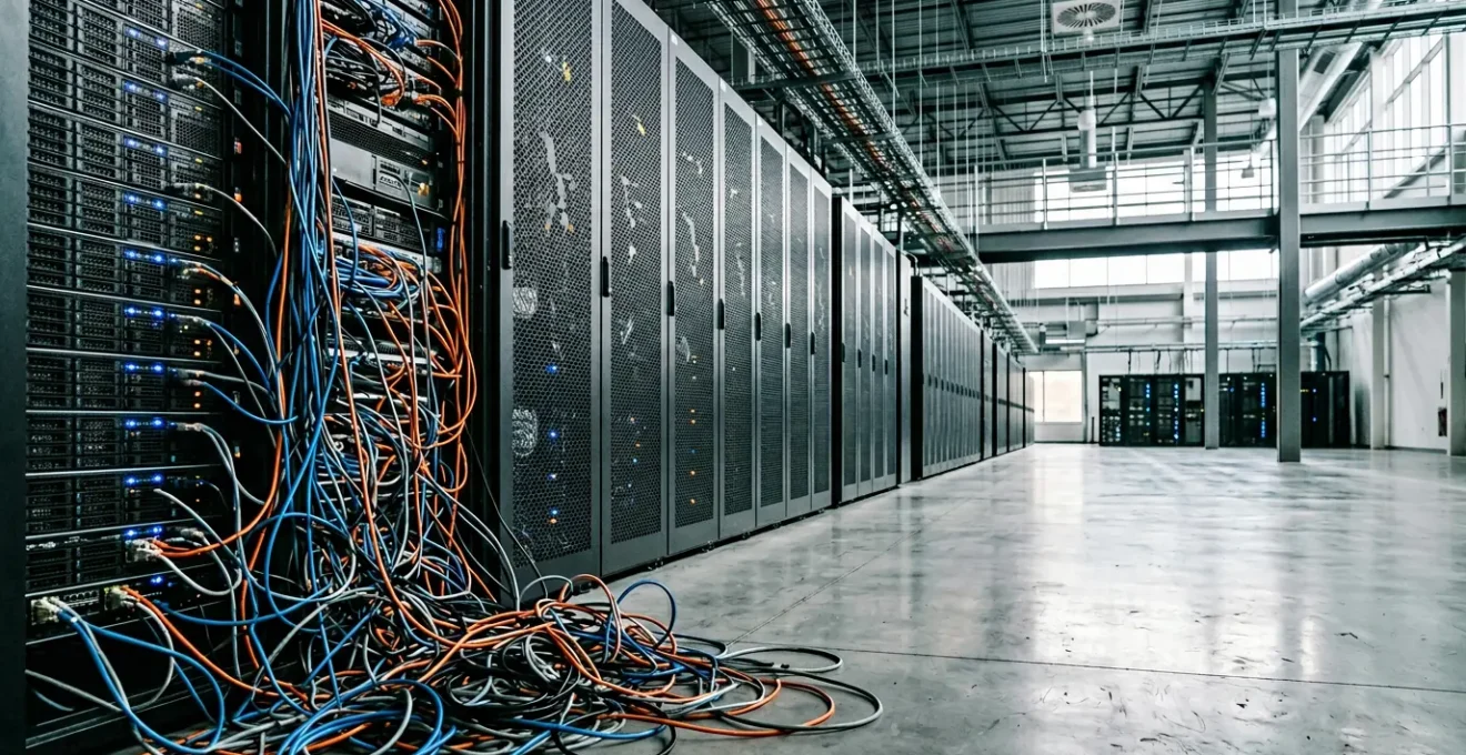 Complex network of interconnected server cables and circuit boards representing technical debt in IT infrastructure