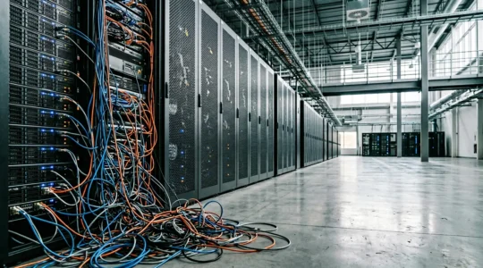 Complex network of interconnected server cables and circuit boards representing technical debt in IT infrastructure