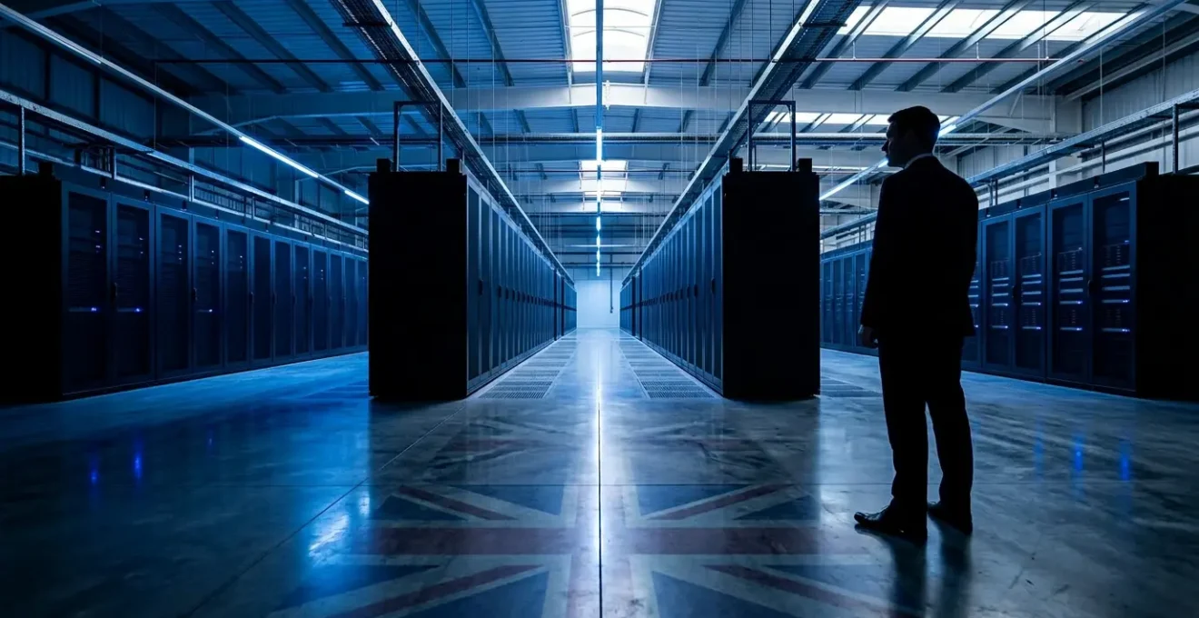 Modern UK government data centre showcasing secure sovereign cloud infrastructure with British architectural elements