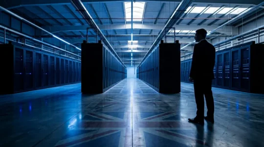 Modern UK government data centre showcasing secure sovereign cloud infrastructure with British architectural elements