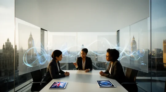 Professional business team analyzing data governance frameworks across UK and EU jurisdictions on multiple digital displays