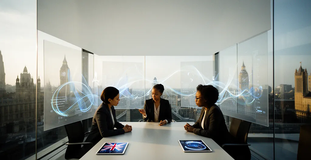 Professional business team analyzing data governance frameworks across UK and EU jurisdictions on multiple digital displays