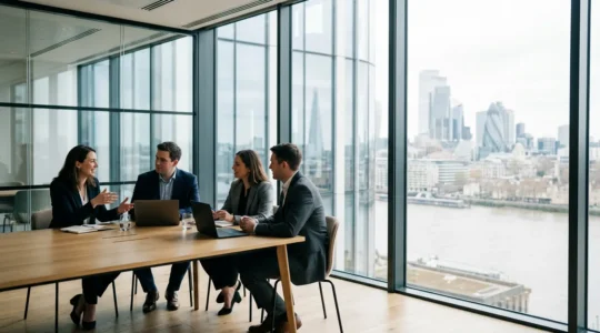 Business professionals reviewing UK IT compliance documentation and data security protocols in modern office setting
