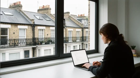 UK business professionals working remotely with secure network architecture visualization
