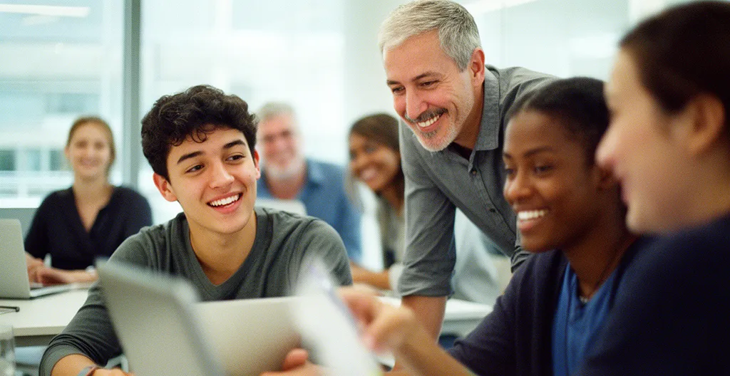 Diverse UK tech professionals collaborating in a modern workspace with career development visualizations