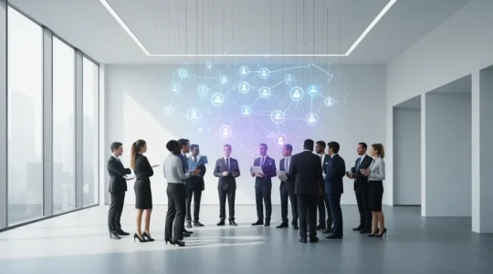 Professional team collaborating on ERP transition strategy in modern office environment