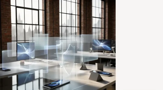 Modern UK office showing Zero Trust security implementation with multiple layers of digital protection around connected devices and cloud infrastructure