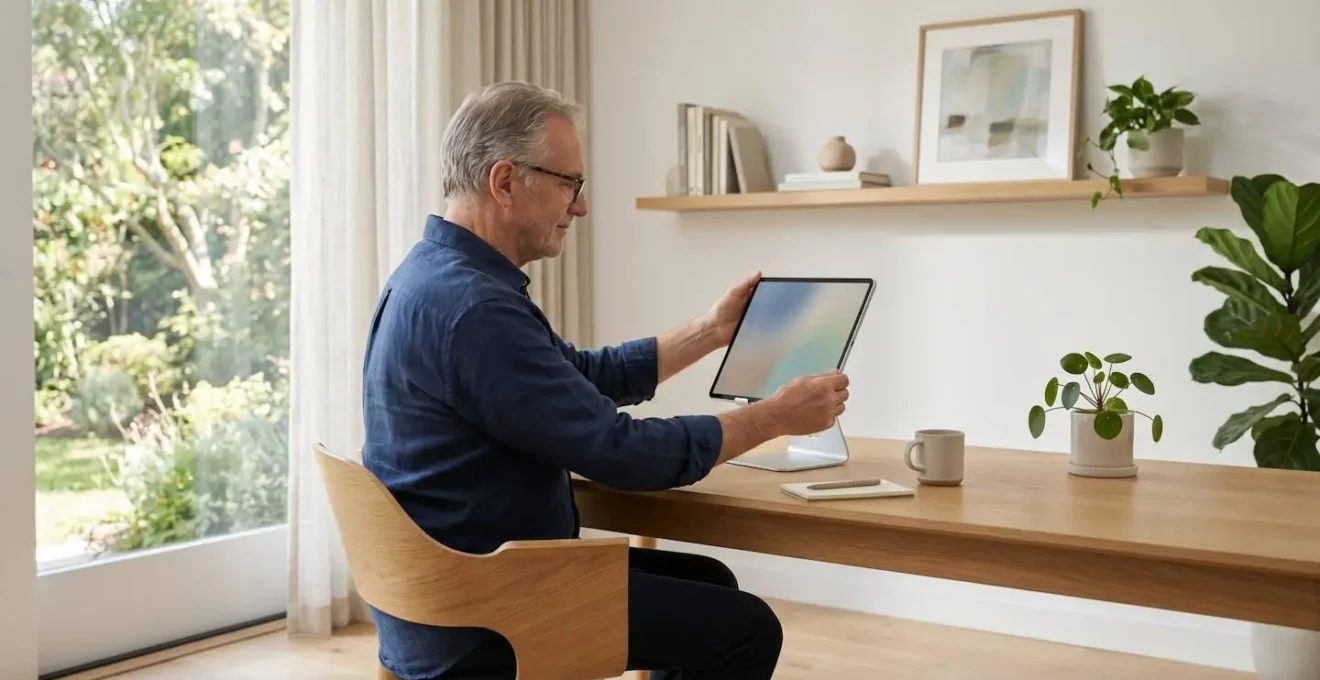 Senior adjusting accessibility settings on tablet with supportive environment