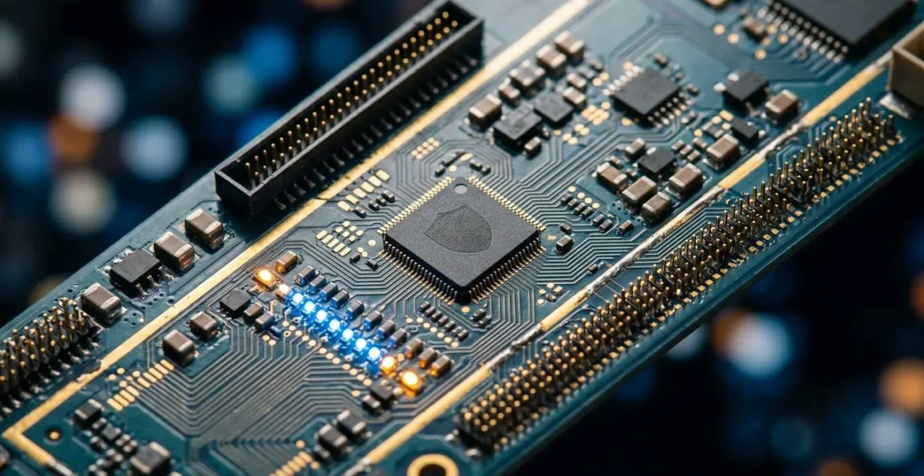 Macro view of circuit board patterns showing advanced security technology