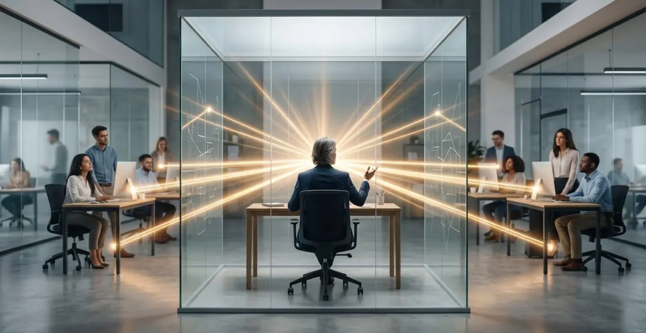 A senior architect depicted as a central hub, enabling multiple development teams simultaneously through radiating beams of light.