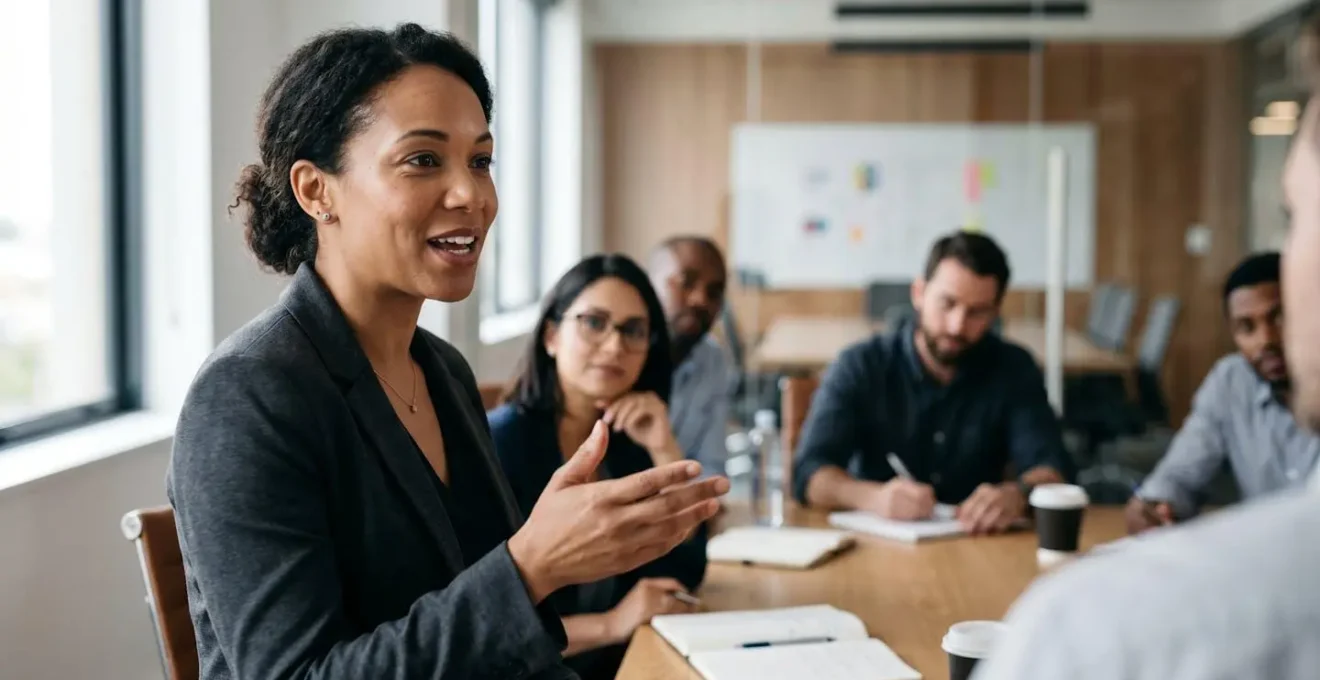 A project manager leading a meeting, symbolizing the importance of clear, structured communication protocols in project management.