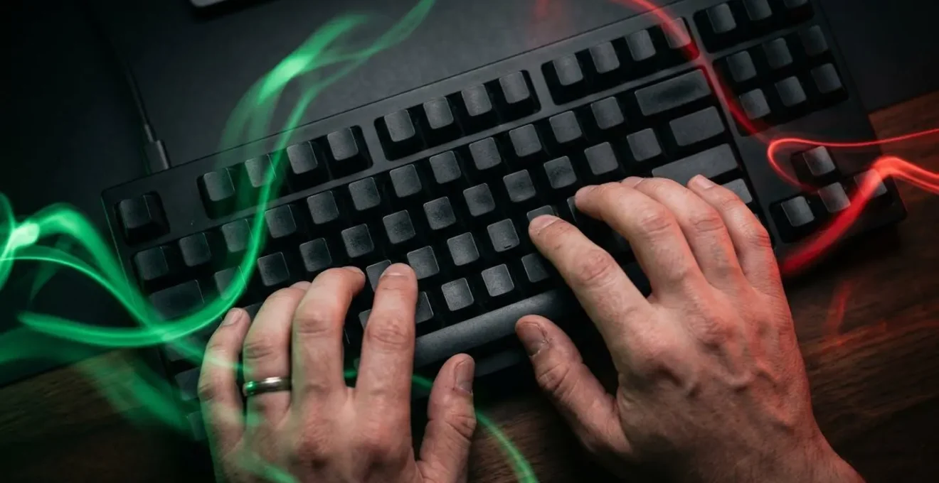 Close-up of hands typing on keyboard with abstract visual representation of code quality checks flowing through automated gates