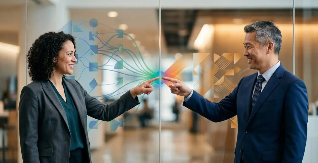 Split-screen visualization showing technical and business metrics in harmonious balance