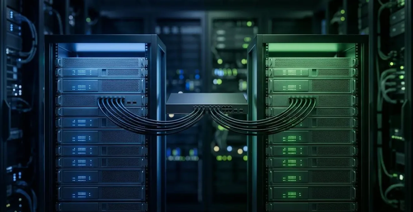 Split-screen visualization of Blue/Green deployment architecture showing dual environments