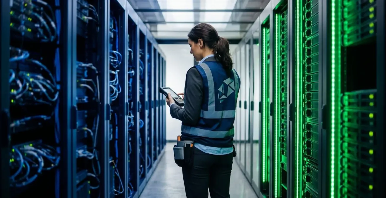 Blue-green hardware migration strategy showing parallel infrastructure deployment with an engineer making a decision
