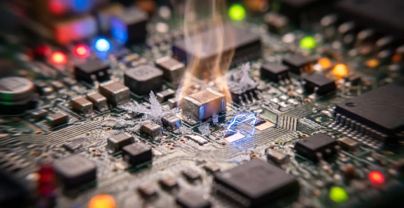 A macro view of a circuit board under stress, symbolizing resilience testing and chaos engineering.