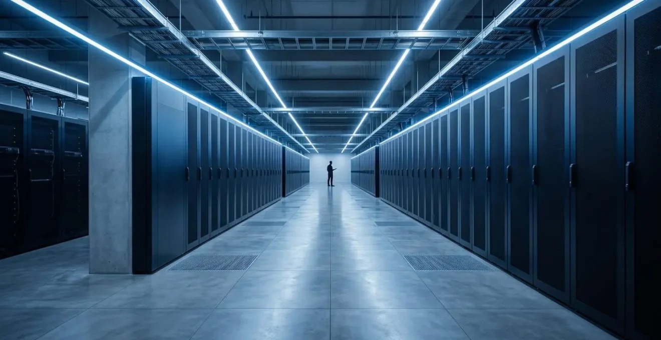 Wide view of modern data center with server racks showing infrastructure scalability