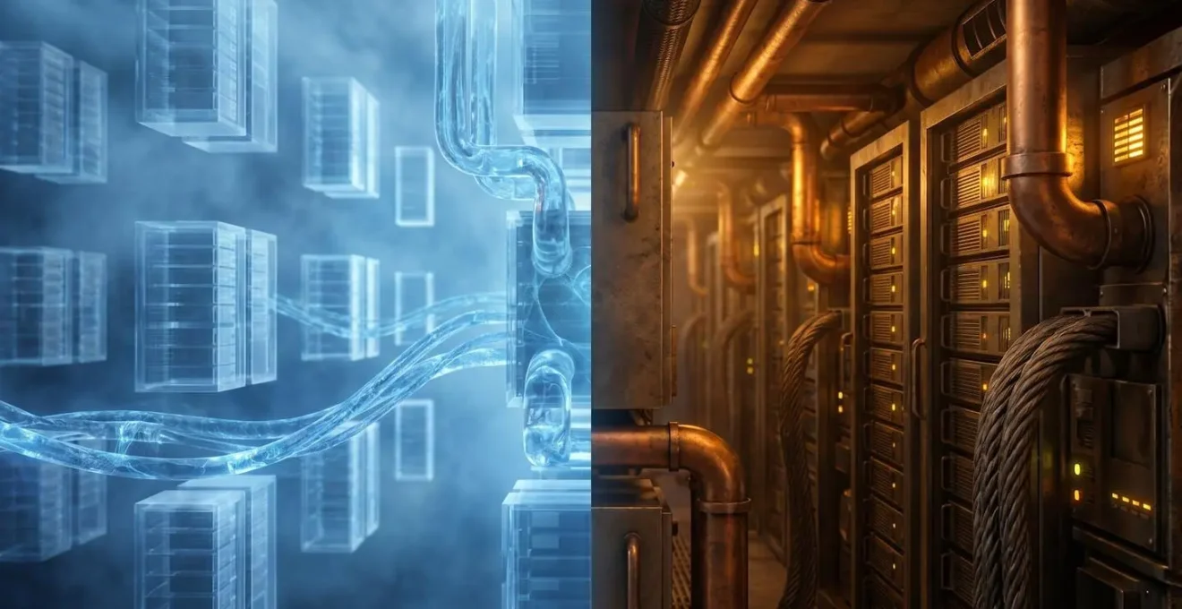 Split-screen comparison of a vast, ethereal cloud data center and a compact, tangible on-premise server room