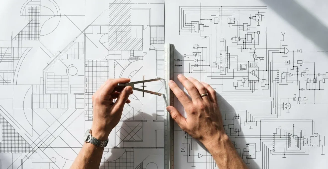 Abstract architectural blueprint merging with engineering schematics in minimalist composition