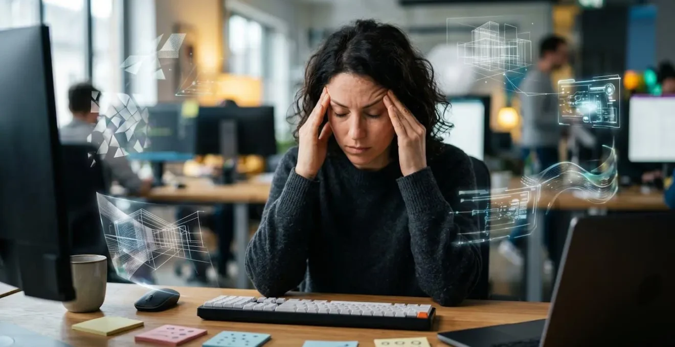 A developer at their desk, visibly strained and overwhelmed by the mental load of juggling multiple project contexts.