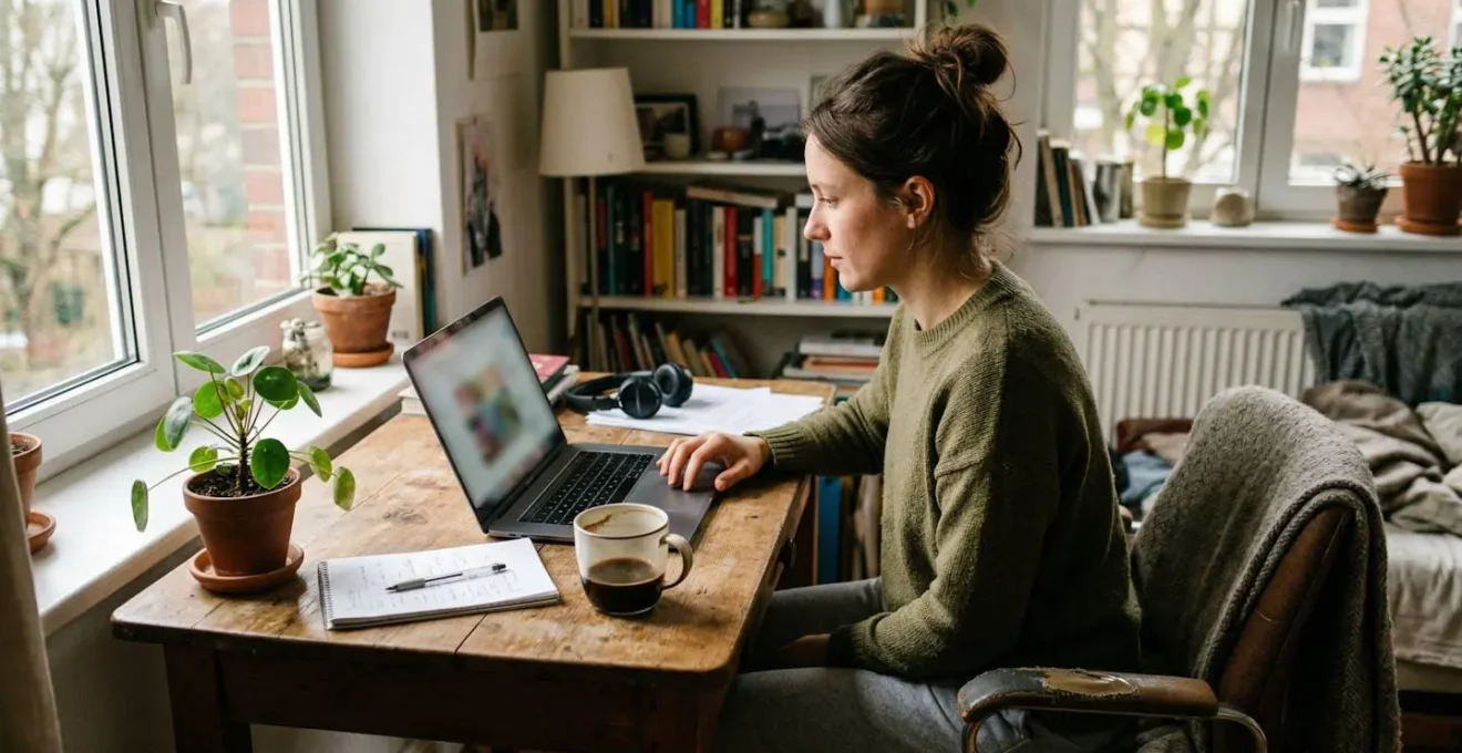 Content creator working on laptop in casual home office setting with coffee nearby, focused on task