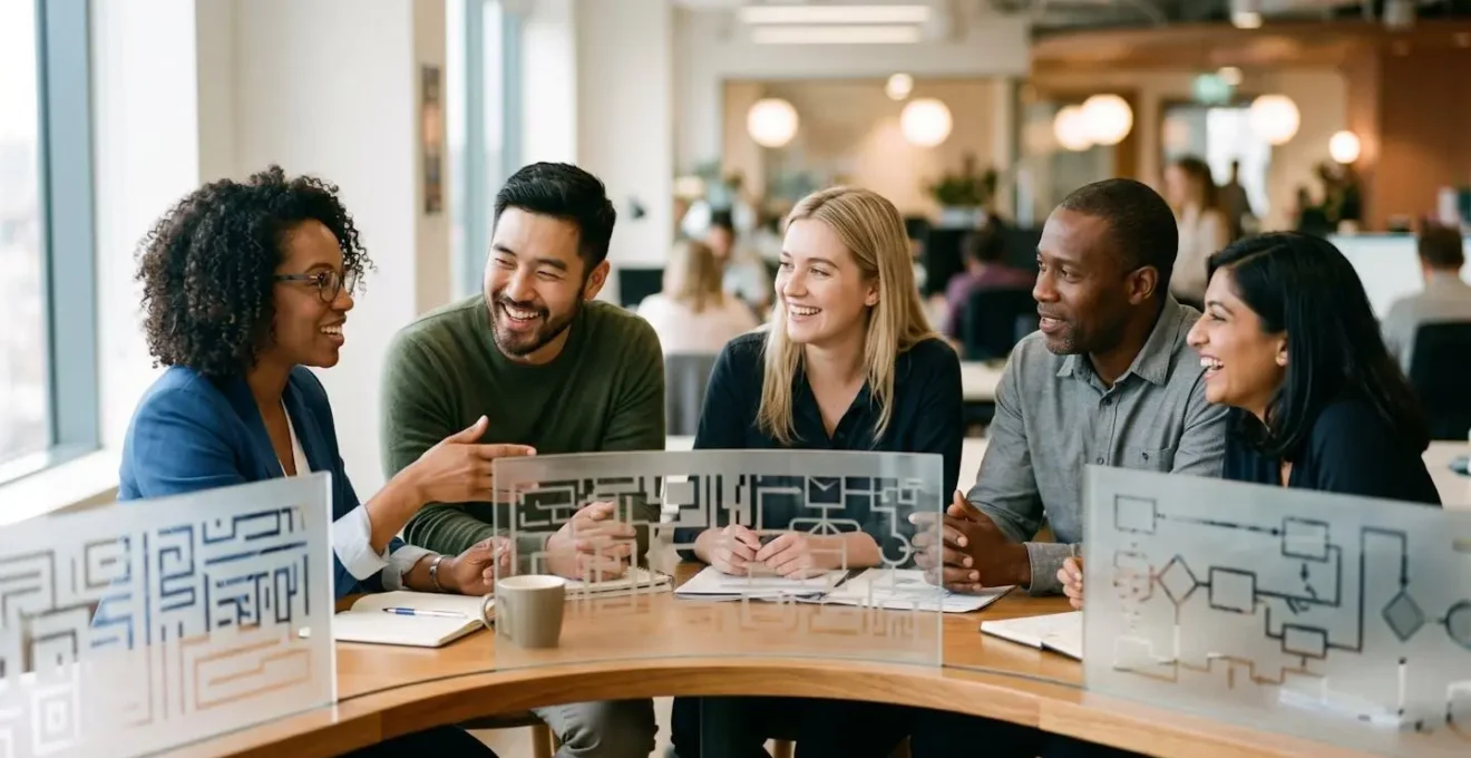Close-up of diverse professionals collaborating around a curved table with abstract workflow diagrams visible on glass surfaces