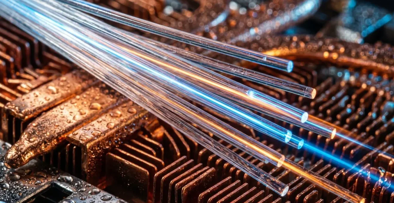Macro view of light pulses flowing through fiber optic cables, representing data flow in a computing infrastructure