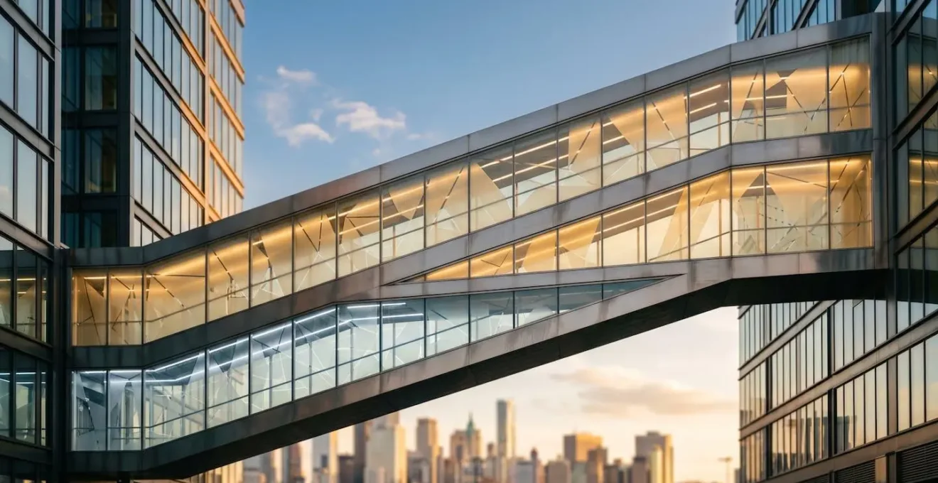 A symbolic architectural bridge made of glass and steel, representing the connection between technical infrastructure and business outcomes.