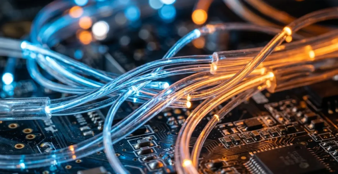 Macro shot of interconnected fiber optic cables creating flowing patterns of light representing digital information flow