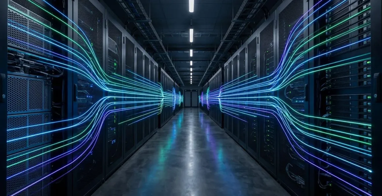 Wide shot of server room with abstract branching paths of light representing multiple parallel deployment environments