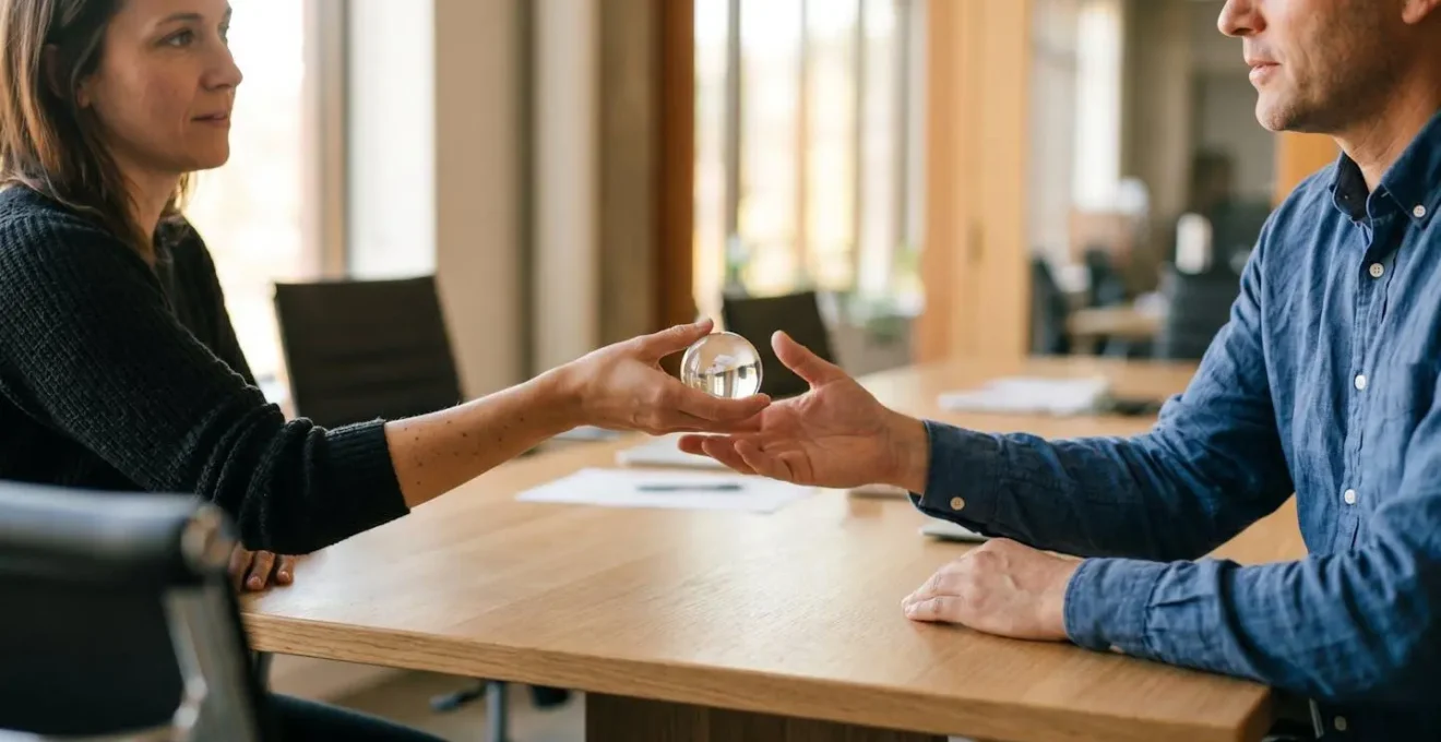 A visual metaphor for the EAR (Empathy, Accountability, Resolution) framework, showing two hands exchanging a glass sphere representing transparency and trust.