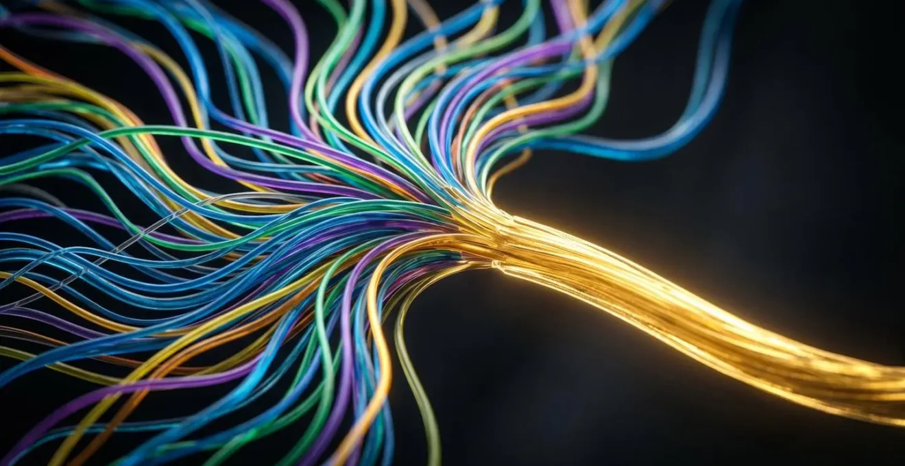 Macro view of fiber optic cables merging into a single golden strand representing unified customer data