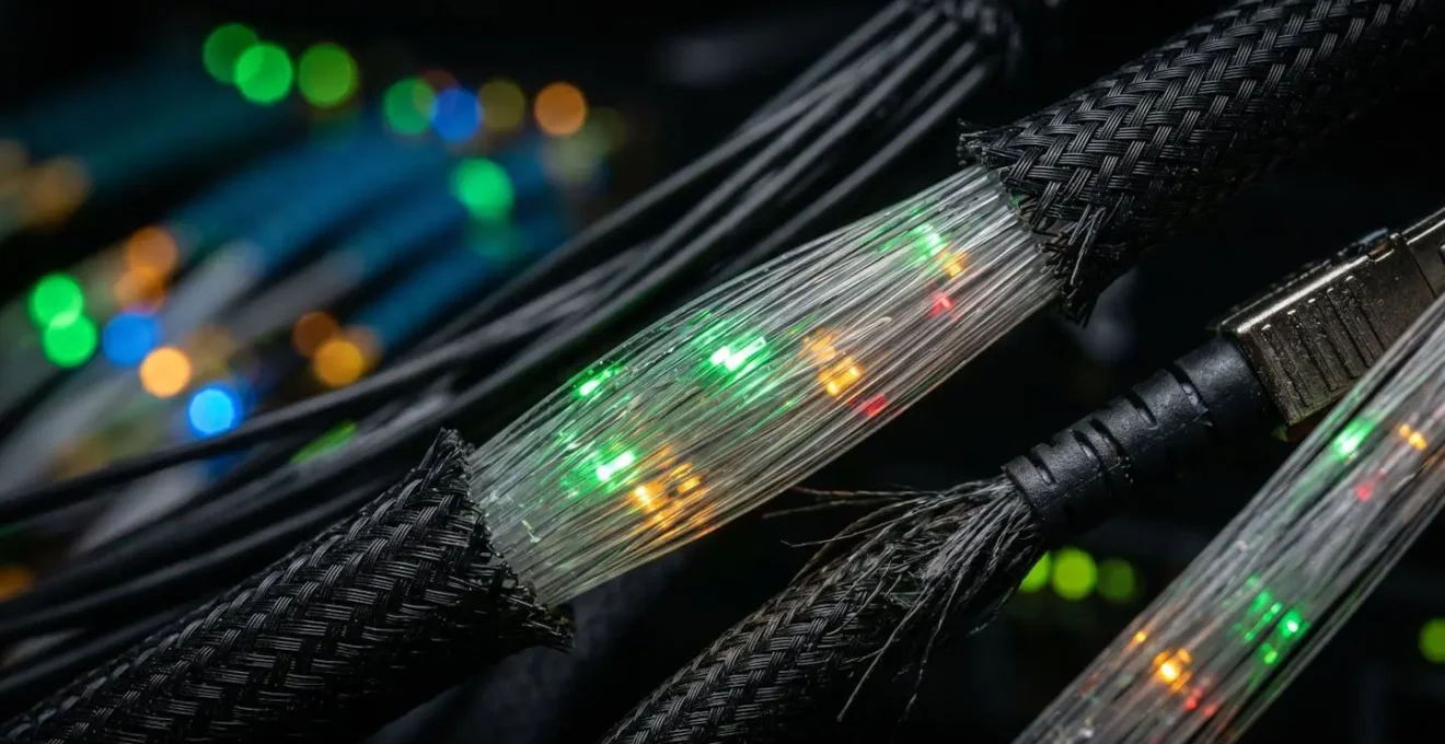 Close-up macro shot of network cables and fiber optics with colored light pulses representing different traffic priority levels