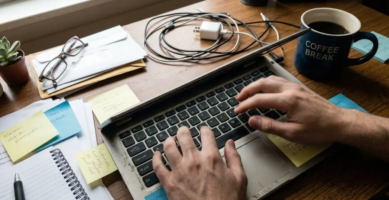 Hands typing on a keyboard with a coffee cup nearby on a slightly cluttered desk, natural office lighting