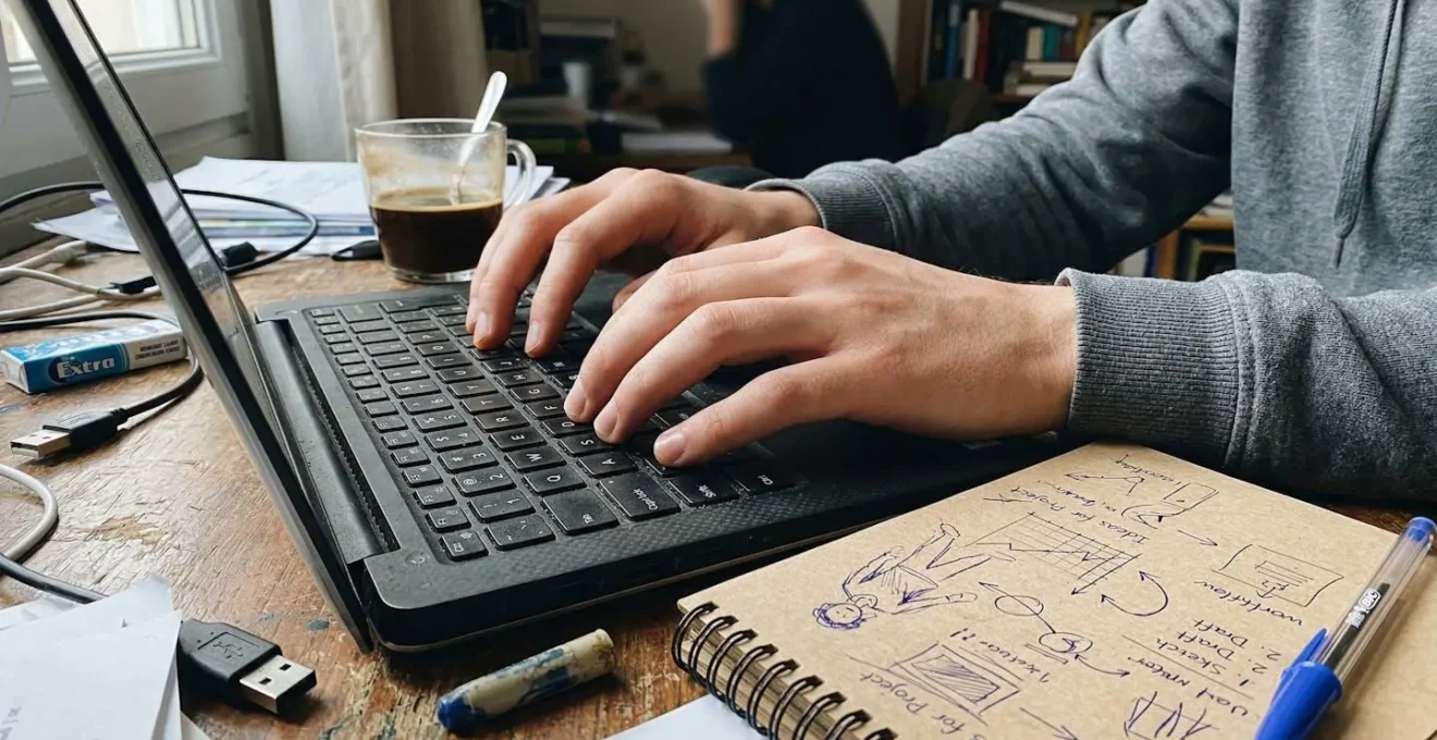 Close-up of hands on a keyboard with an open notebook showing rough sketches beside a laptop on a cluttered desk