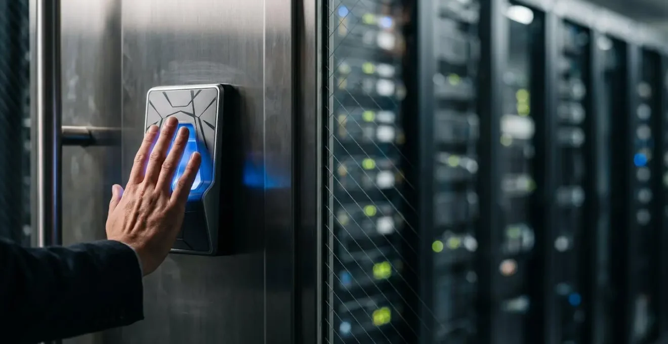High-security server room with biometric access control and surveillance systems