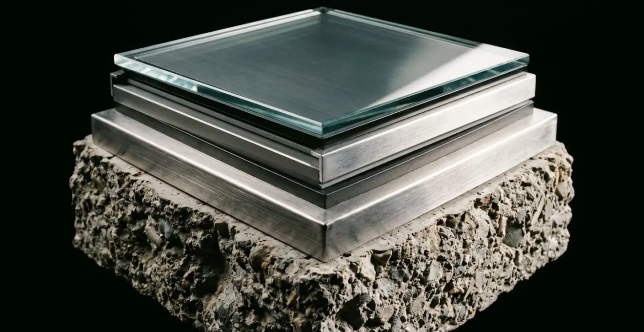 Abstract architectural layers showing an old, rough concrete foundation beneath a sleek, modern glass surface, representing legacy systems hidden by a modern interface.