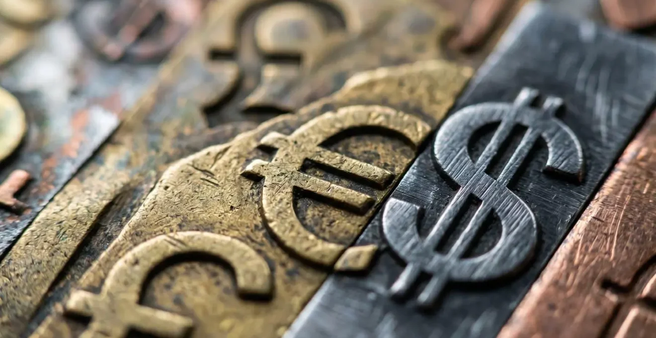 Extreme close-up of multiple currency symbols and exchange rate patterns