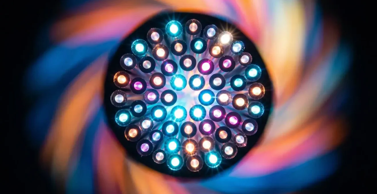 Extreme close-up of fiber optic cable strands showing intricate light patterns