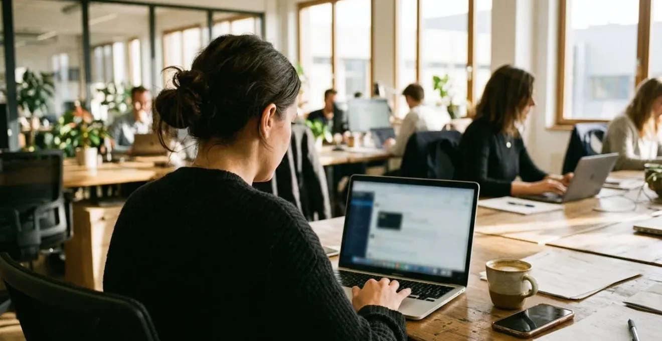 A professional reviews content on a laptop screen in a modern office space with natural afternoon light streaming through windows