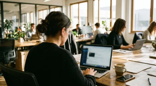 A professional reviews content on a laptop screen in a modern office space with natural afternoon light streaming through windows
