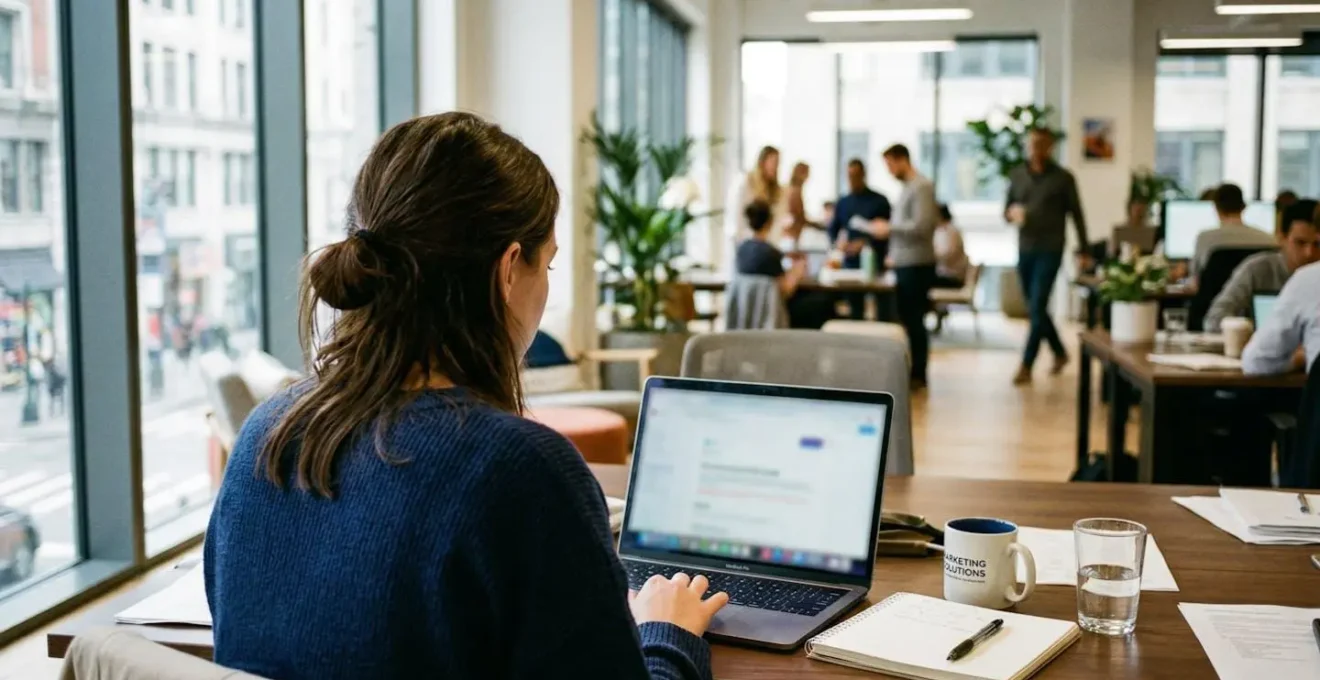 A marketing professional works on a laptop in a modern office with natural light streaming through large windows