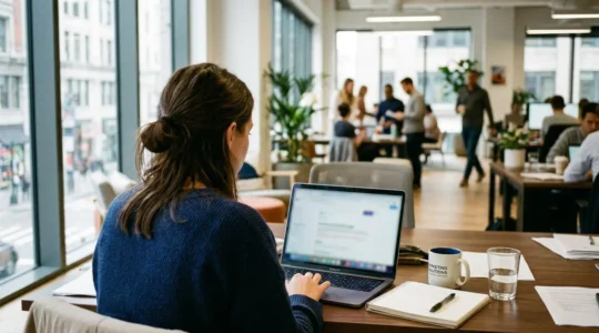 A marketing professional works on a laptop in a modern office with natural light streaming through large windows