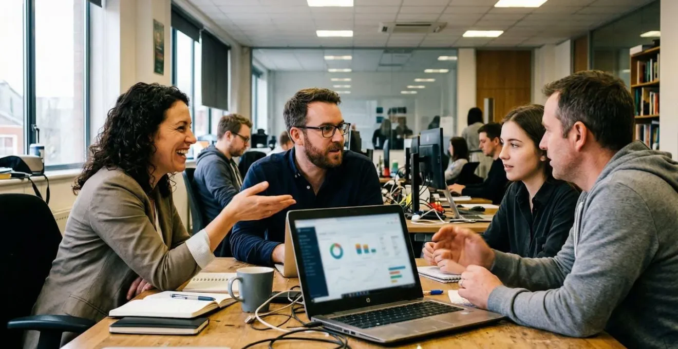 Marketing team in a meeting room gesturing toward a laptop screen showing analytics, natural discussion in progress