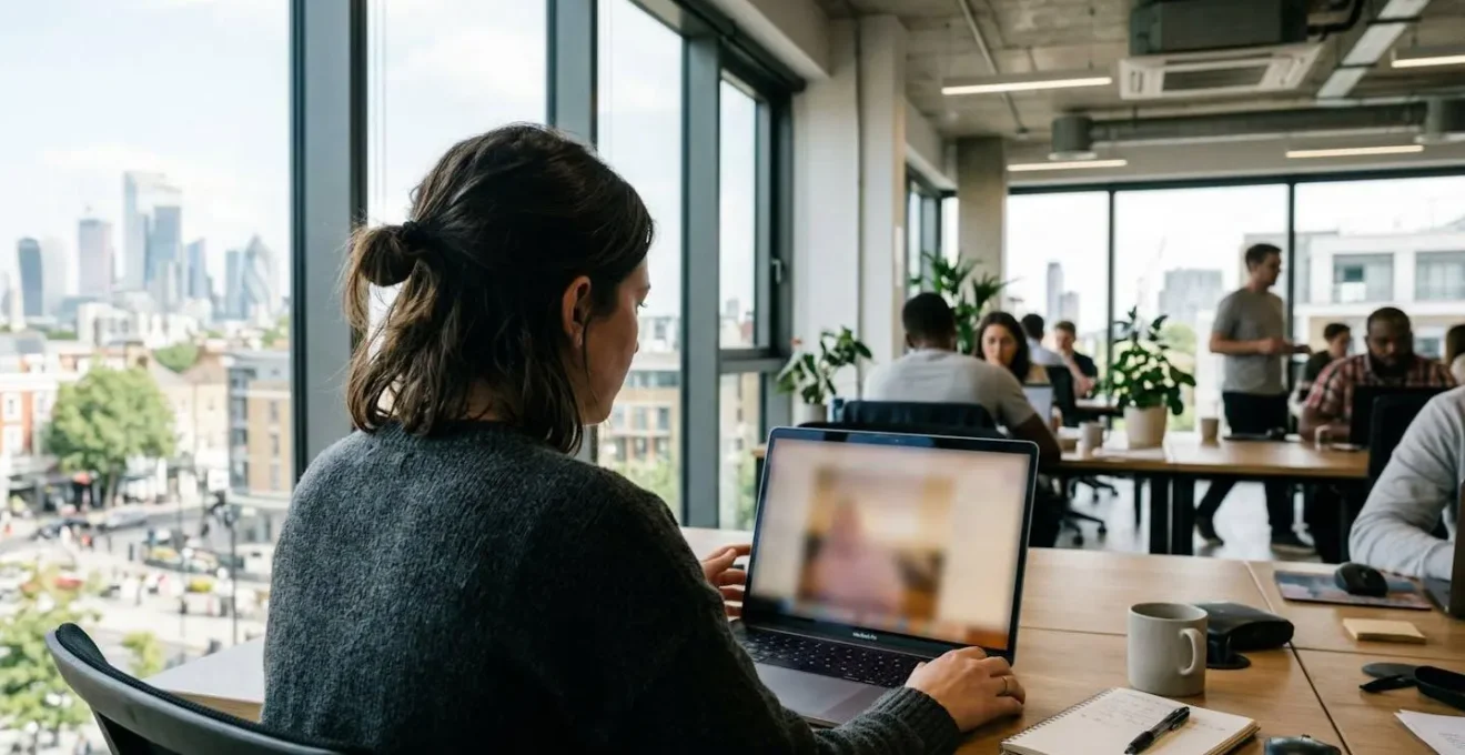 A person reviews video content on a laptop in a modern office, seen from an over-the-shoulder angle with natural window light