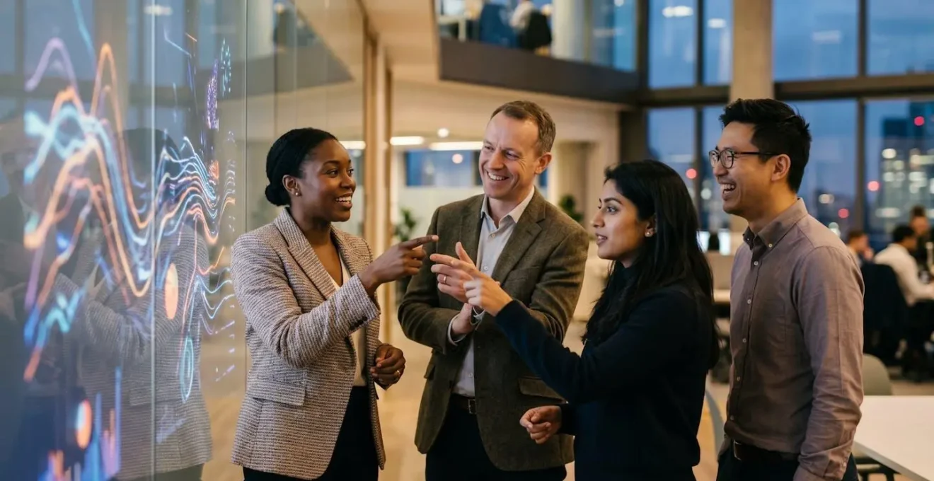 Finance professionals analyzing data patterns on wall-mounted displays in contemporary office