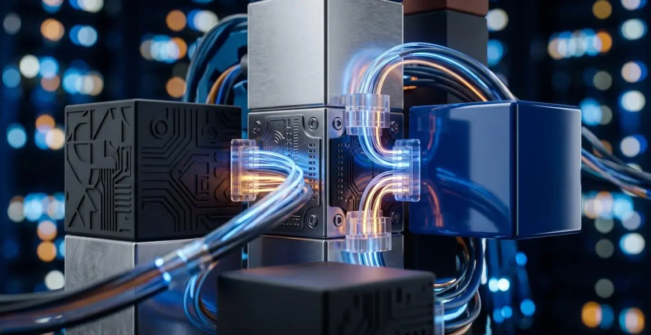 Macro view of interconnected modular components representing flexible software architecture