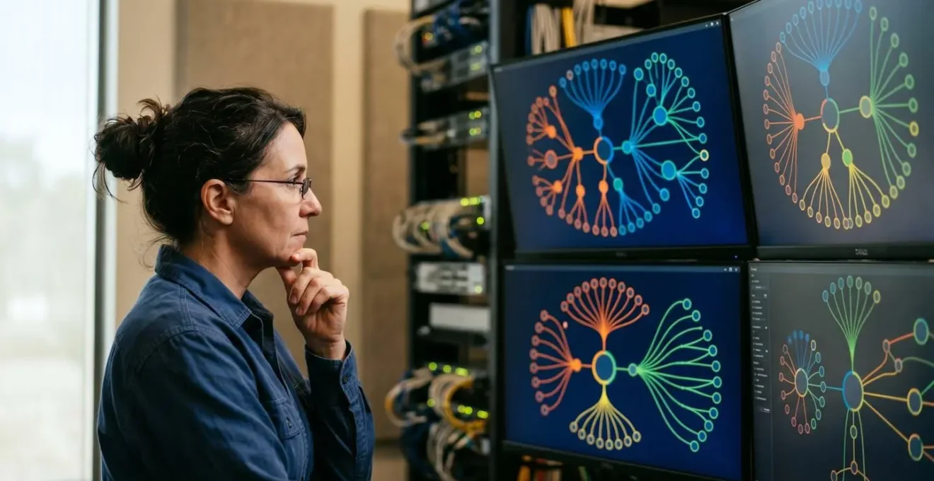 Human perspective shot of a network engineer analyzing complex routing diagrams on multiple screens