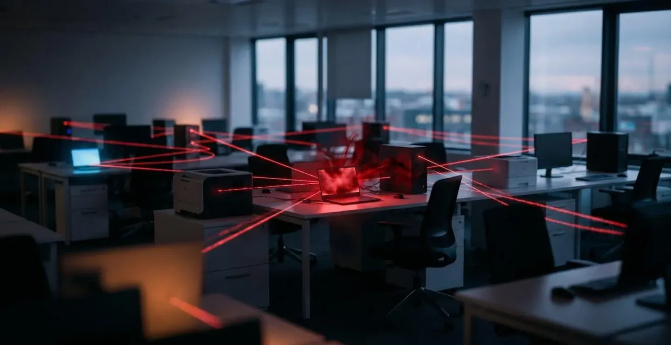 Office environment showing invisible pathways between connected devices illustrating lateral movement risk