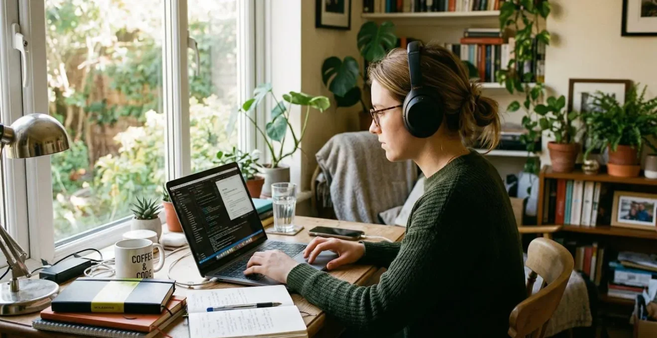 A person wearing headphones sits at a home office desk with laptop open, natural home environment with plants and personal items visible